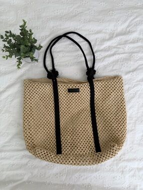 Woven Straw Tote Bag with Black Rope Handles